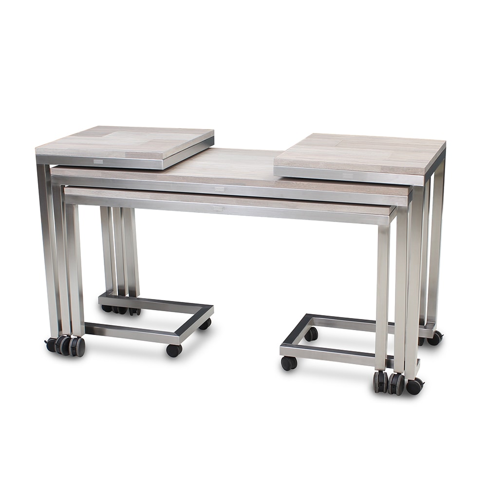 650-7407 4 Piece Claremont Nesting Tables Set - Acacia Wood Top w/ Brushed Stainless Frame