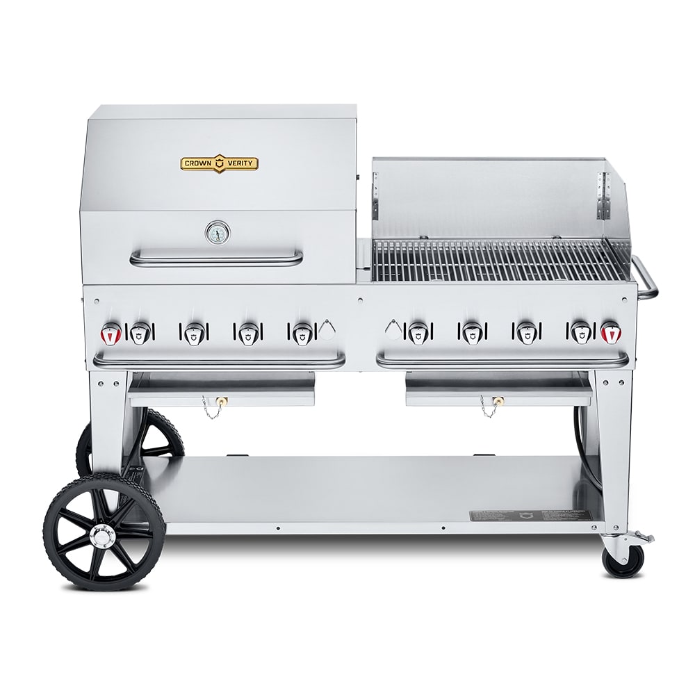 828-CVMCB60RWPNG 58" Mobile Gas Commercial Outdoor Charbroiler w/ Roll Dome & Wind Guard...