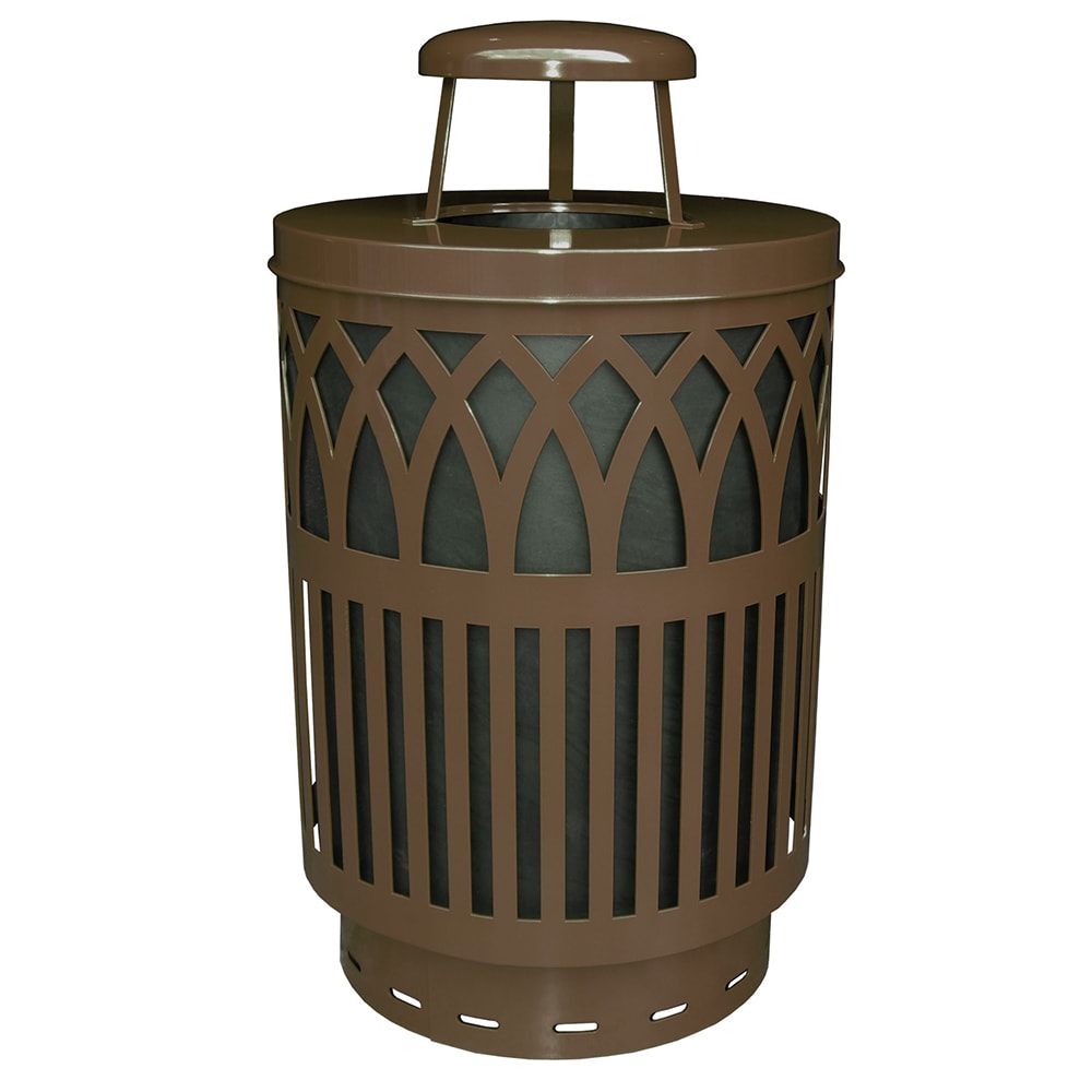 125-COV40RCBN 40 Gallon Outdoor Trash Can w/ Rain Cap & Anchor Kit, Brown Finish