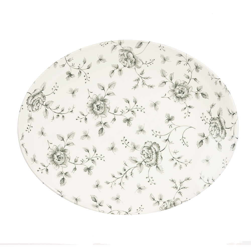 893-RCGOP121 Oval Vintage Prints Plate - 12 1/2" x 10", Ceramic, Gray Rose Chintz