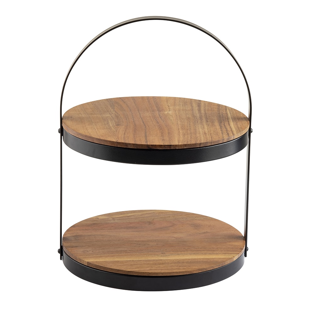 229-10719 2 Tier Round Display Stand - 12"D x 16"H, Acacia Wood/Black Metal Frame