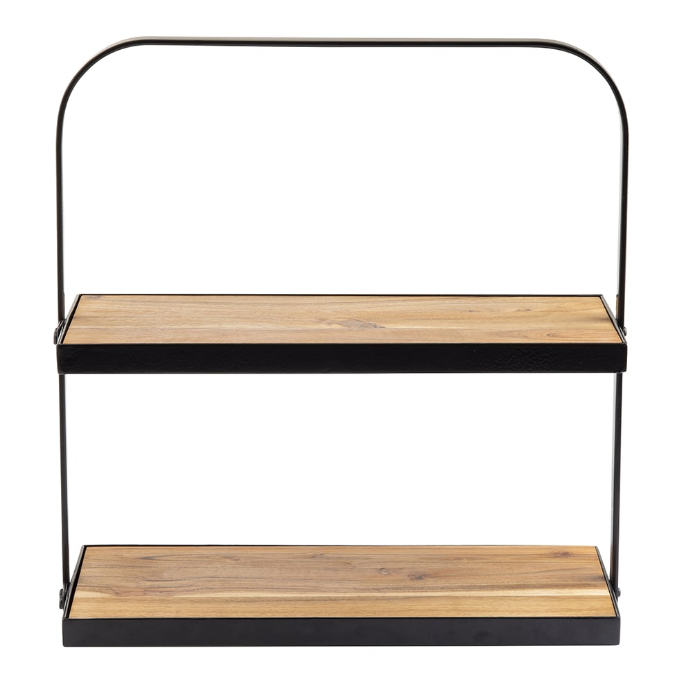 229-10718 2 Tier Display Stand - 17 3/10"L x 8"W x 18"H, Acacia Wood/Black Metal F...
