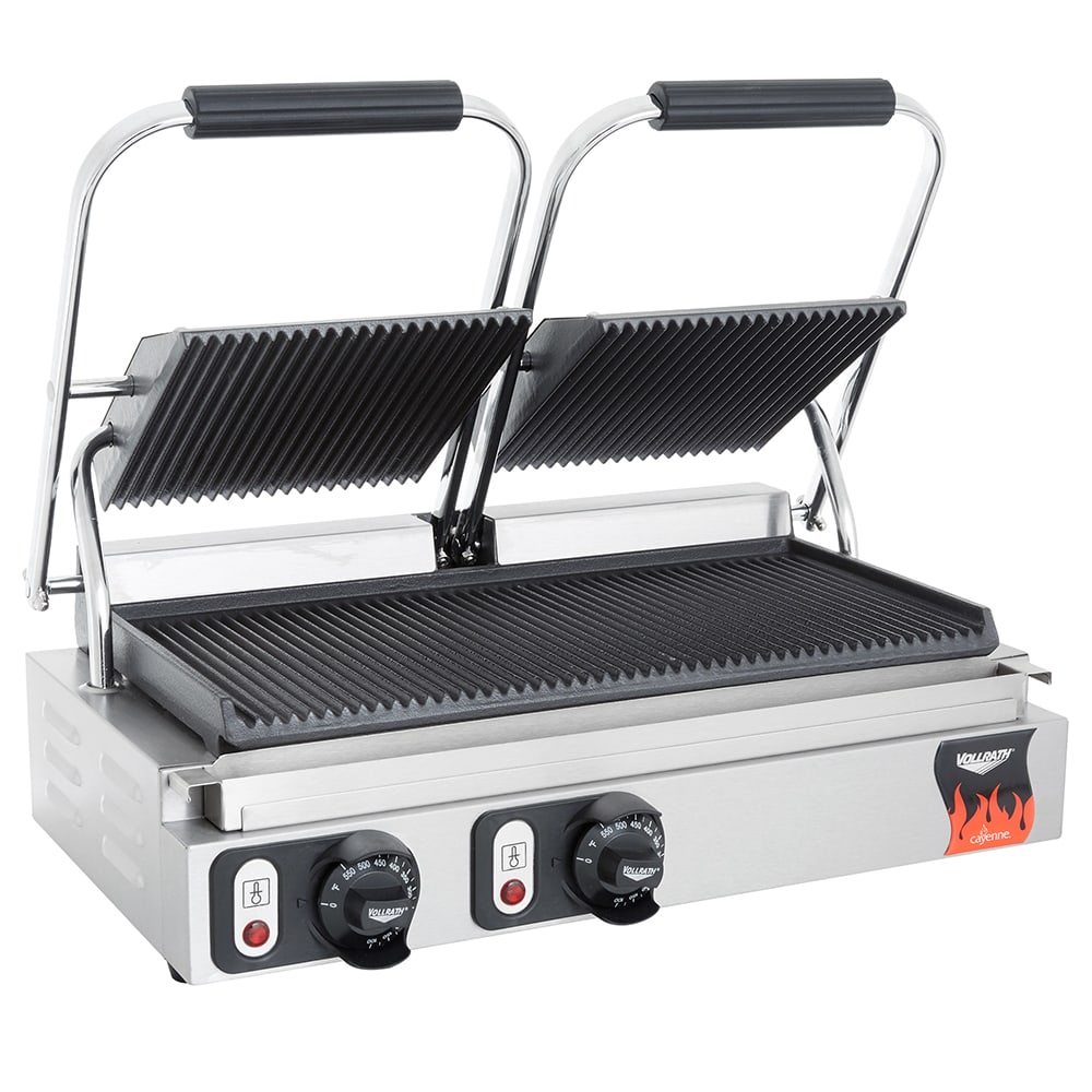 175-40795 Double Commercial Panini Press w/ Cast Iron Grooved Plates, 208-240v/1ph
