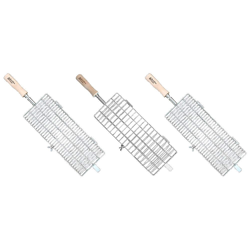 248-AC0015 3 Piece Brazilian Flame Grill Basket Set - Stainless Steel w/ Wood Handle