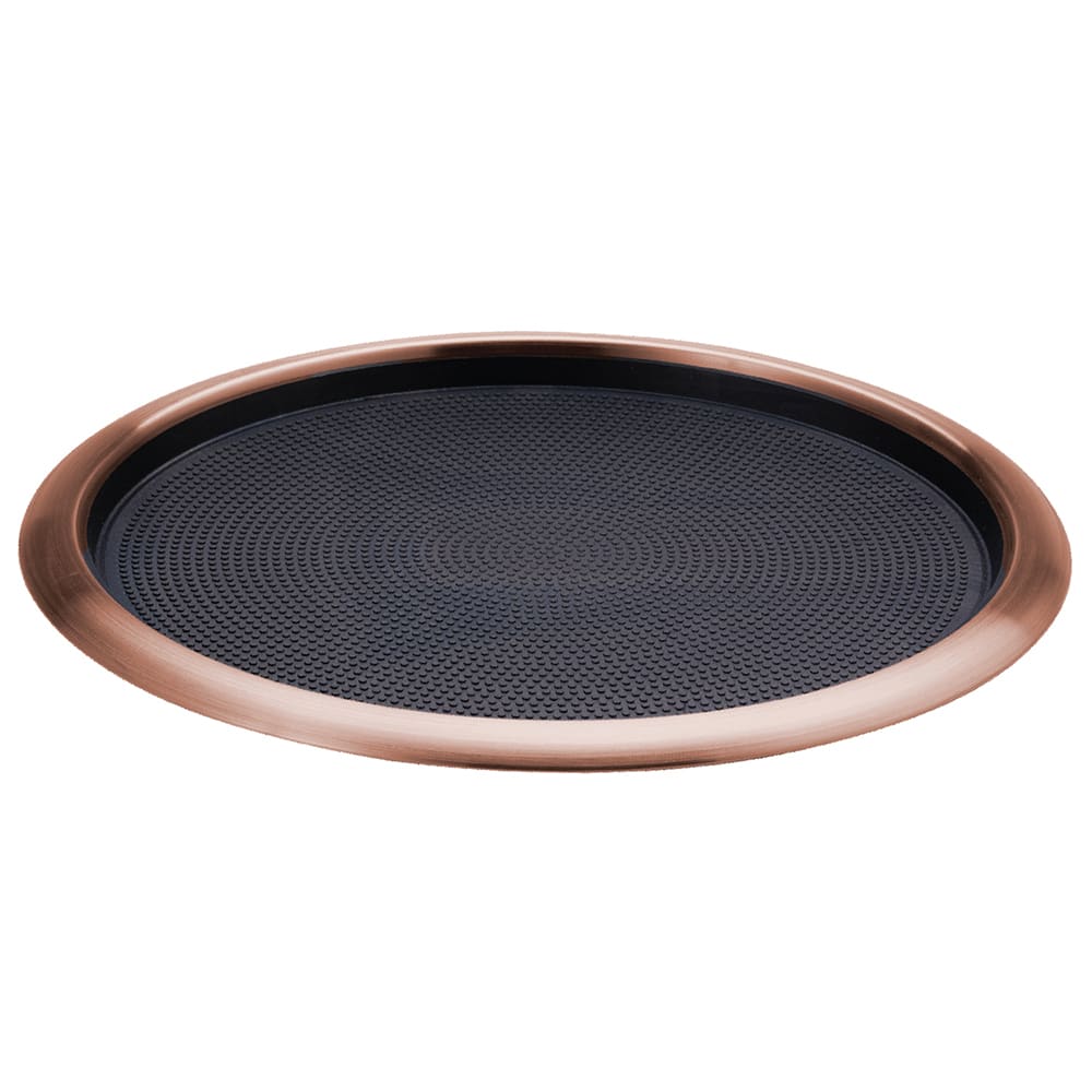 Service Ideas TR1614RIRG 16" Round Non Slip Tray w/ Black Rubber Insert - Stainless Steel w/ Rose Gold Finish