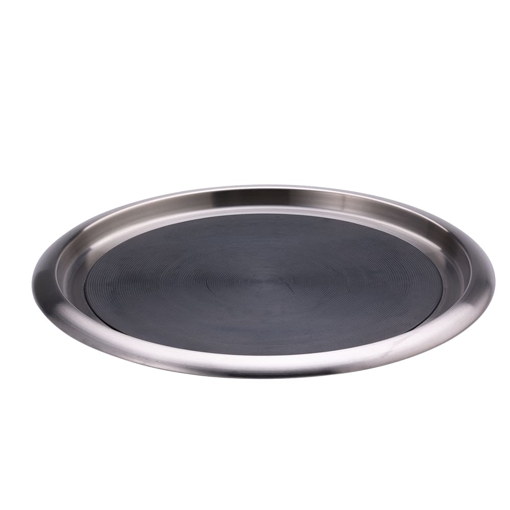 482-TR1614SR 16" Round Non Slip Tray w/ Black Rubber Insert - Brushed Stainless Steel