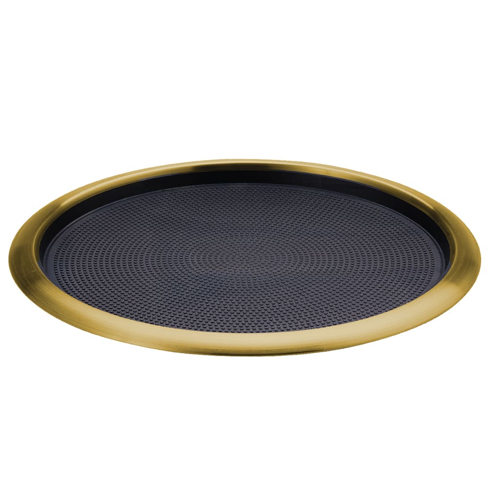 482-TR1614RIVG 16" Round Non Slip Tray w/ Black Rubber Insert - Stainless Steel w/ Vintage G...