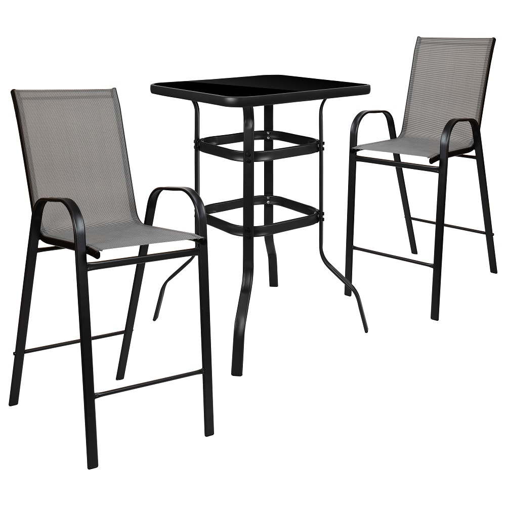 916-TLH073H092HGR 27 1/2" Square Patio Bar Table & (2) Gray Stool Set - Glass Top, Black...