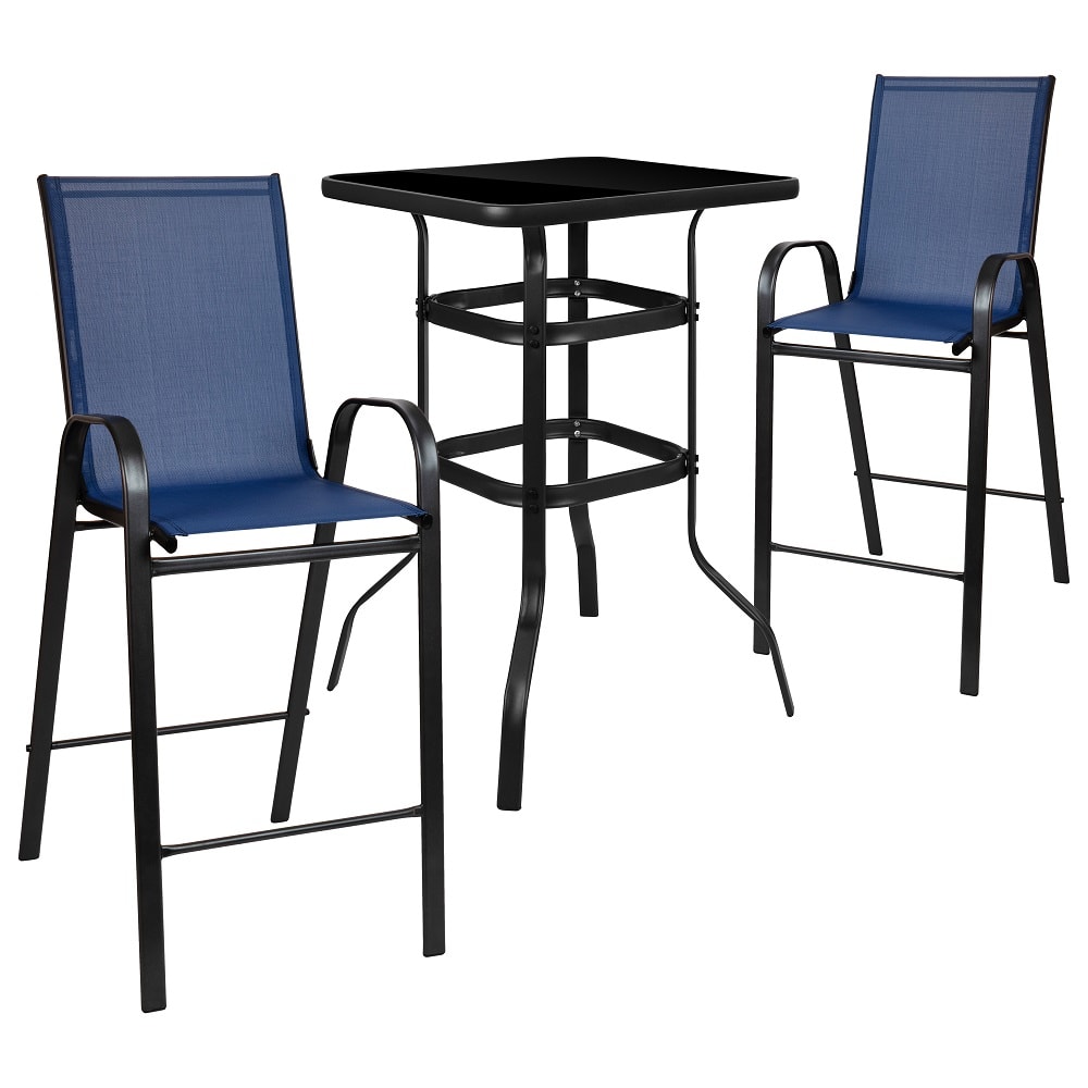916-TLH073H092HNV 27 1/2" Square Patio Bar Table & (2) Navy Stool Set - Glass Top, Black...