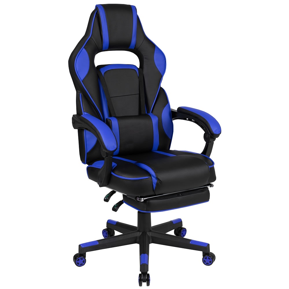 916-CH00288BL Swivel Gaming Chair w/ Footrest - LeatherSoft Back & Seat, Black/Blue
