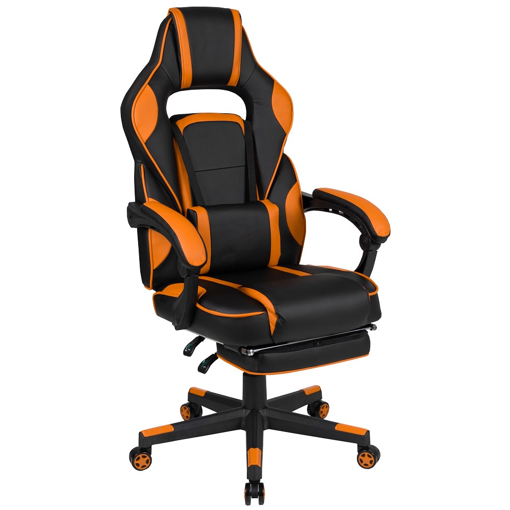 916-CH00288OR Swivel Gaming Chair w/ Footrest - LeatherSoft Back & Seat, Black/Orange