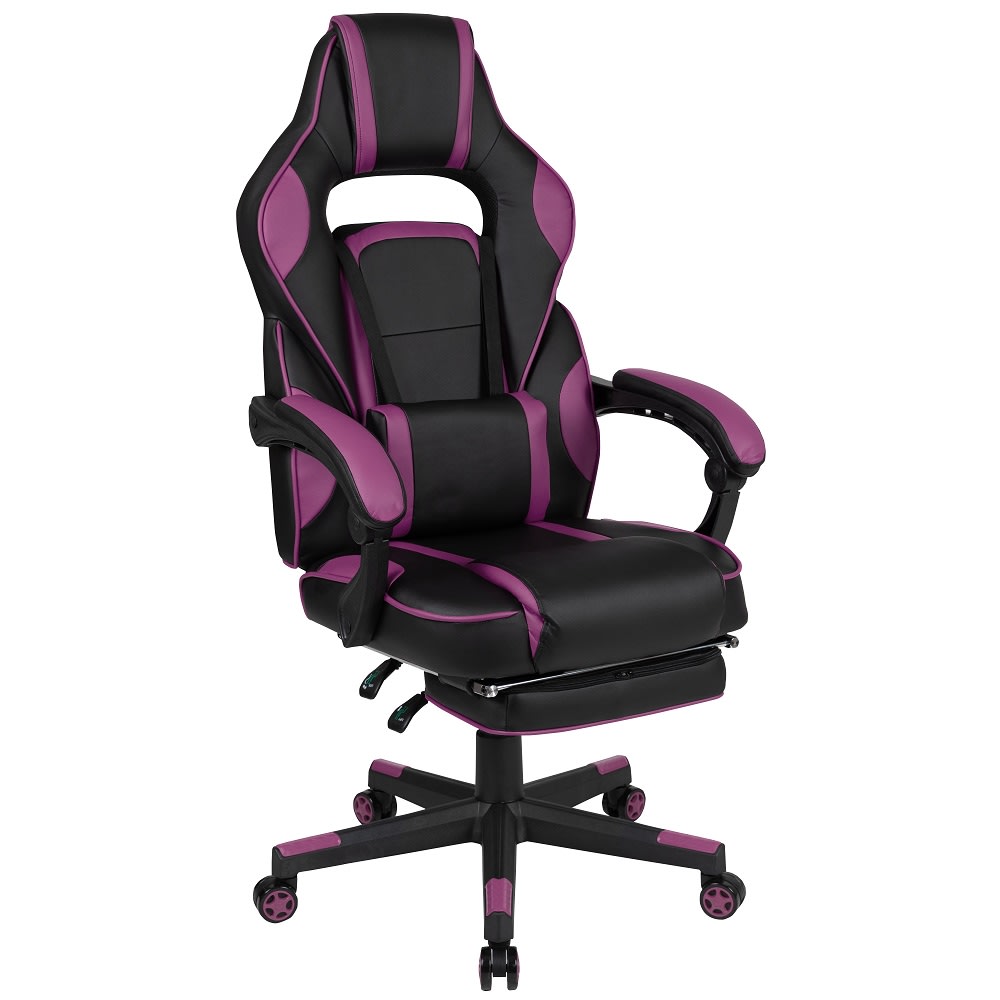 916-CH00288PR Swivel Gaming Chair w/ Footrest - LeatherSoft Back & Seat, Black/Purple