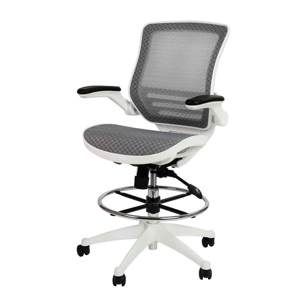 916-BLLB8801XDGRWHGG Swivel Drafting Chair w/ Gray Mesh Back & Seat - White Base w/ Foot Ring