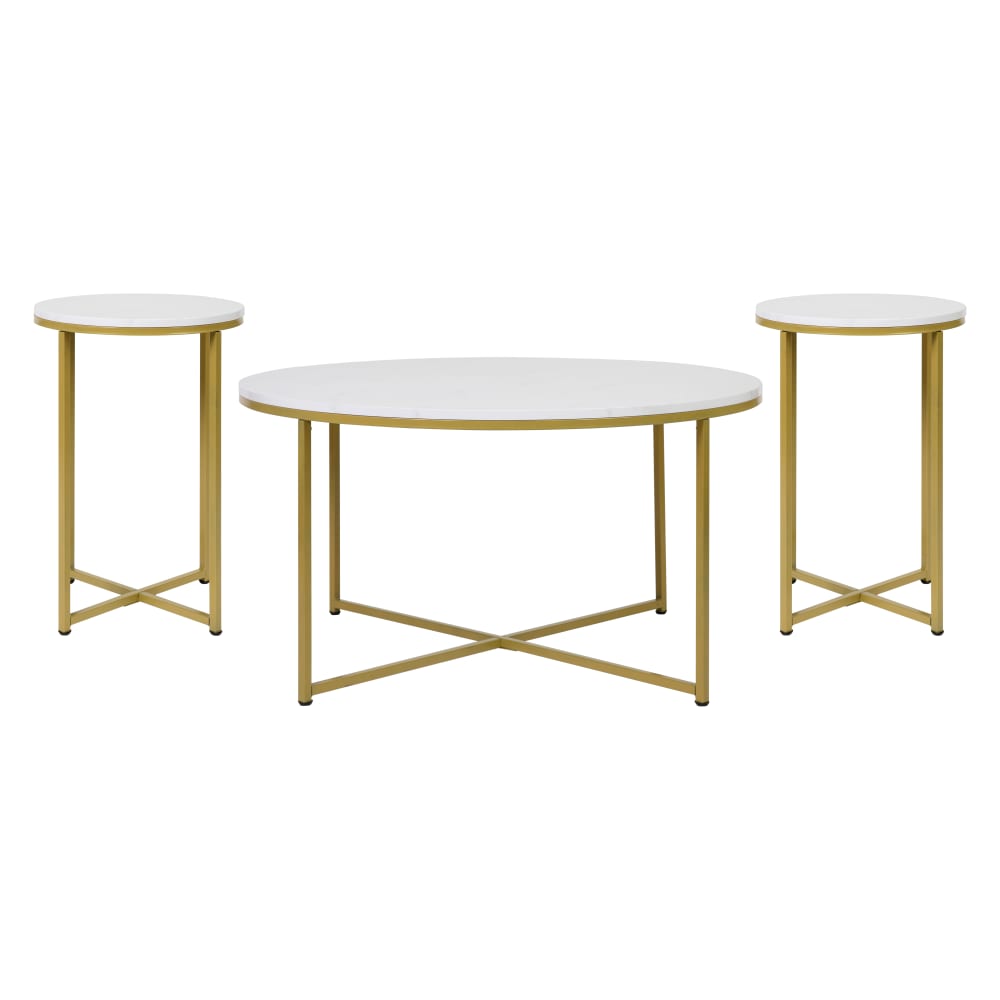 916-NANCEK1787MRBLGG 3 Piece Hampstead Coffee & End Table Set - White Marble Wood Top w/ Brus...