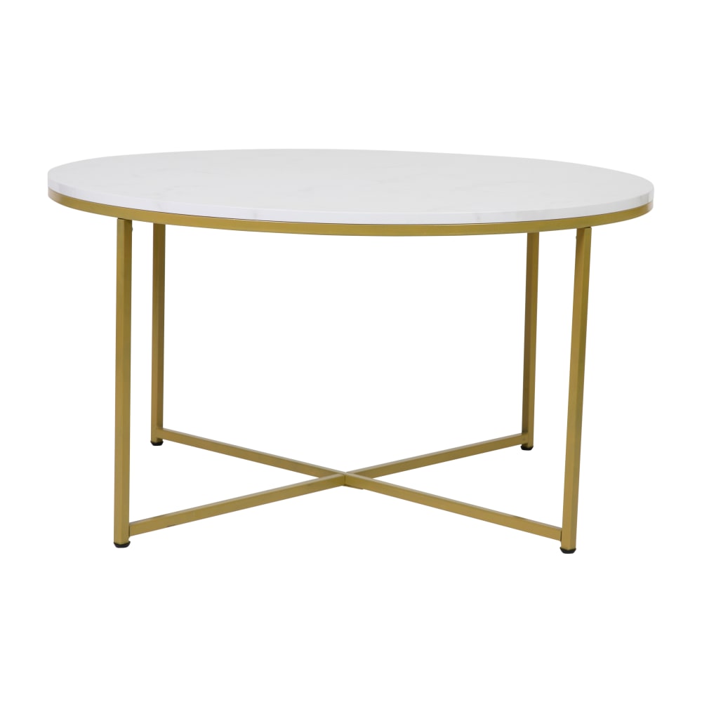 916-NANJH1787CTMRBL Coffee Table w/ White Marble Wood Top & Brushed Gold Metal Legs - 35 1/2&...