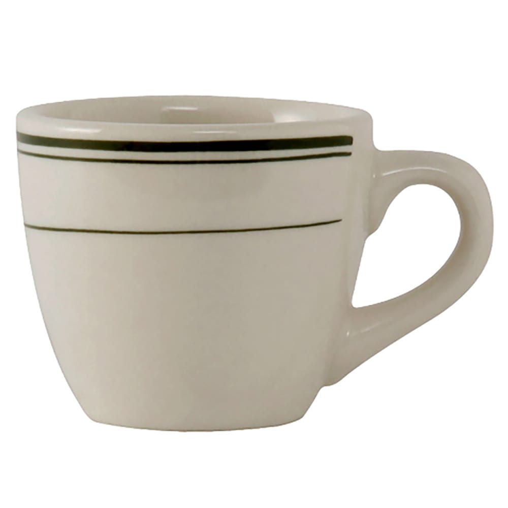 424-TGB35 3 1/2 oz Green Bay Espresso Cup - Ceramic, American White/Eggshell w/ Green Band