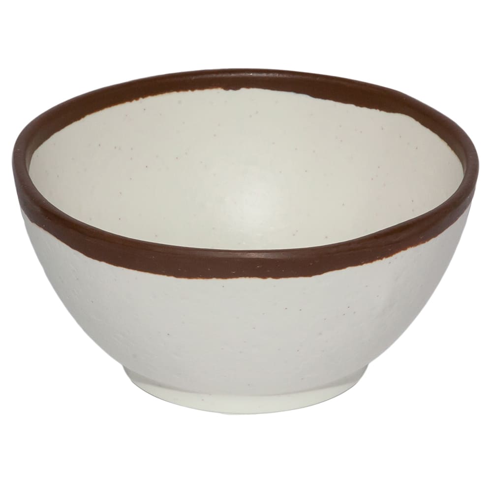 284-B299CRM 10 oz Round Melamine Soup/Salad/Pasta/Nappie Bowl, Cream w/ Brown Trim