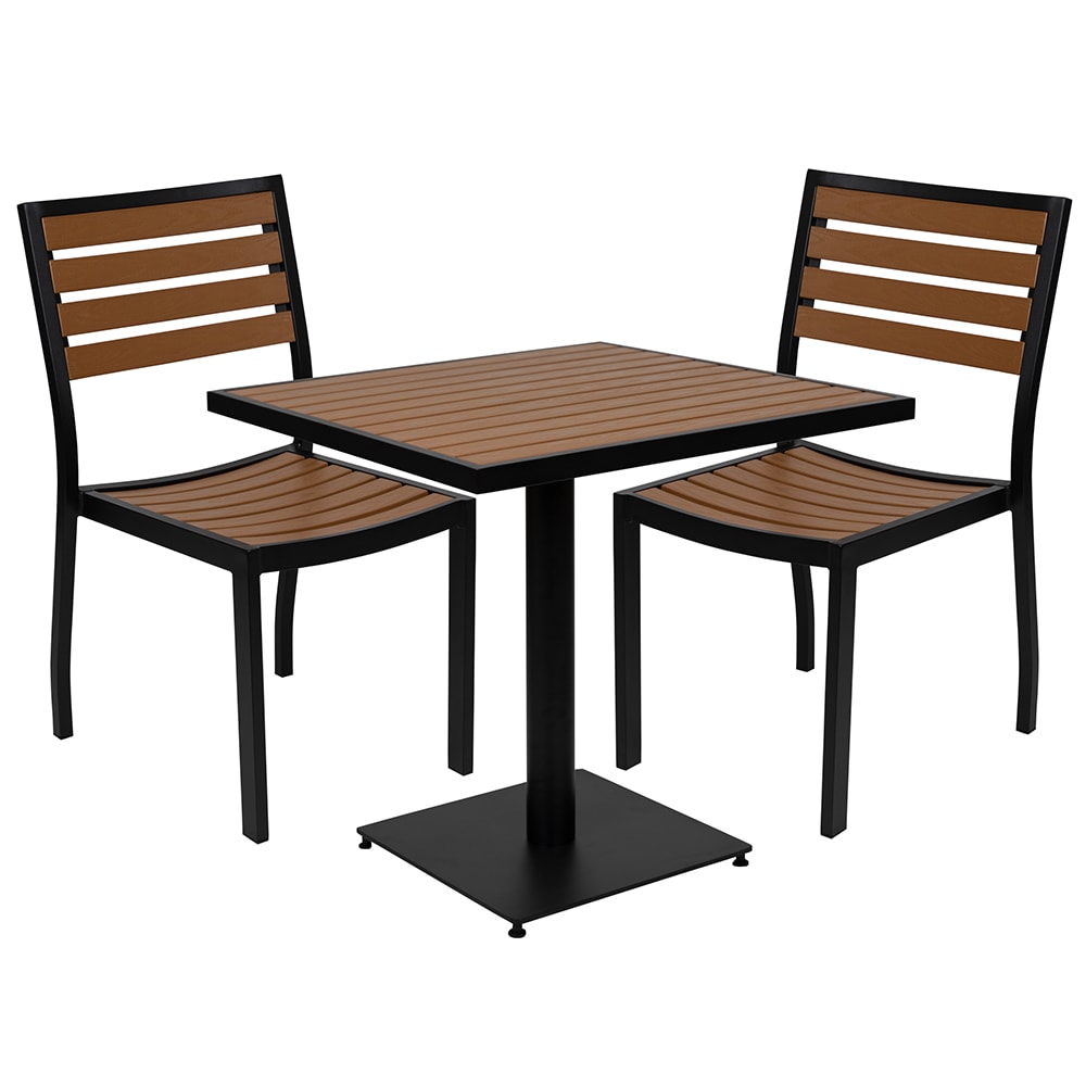 916-XUDG10456033GG Outdoor Patio Table and (2) Chairs Set - Brown Resin Wood w/ Black Metal Frame
