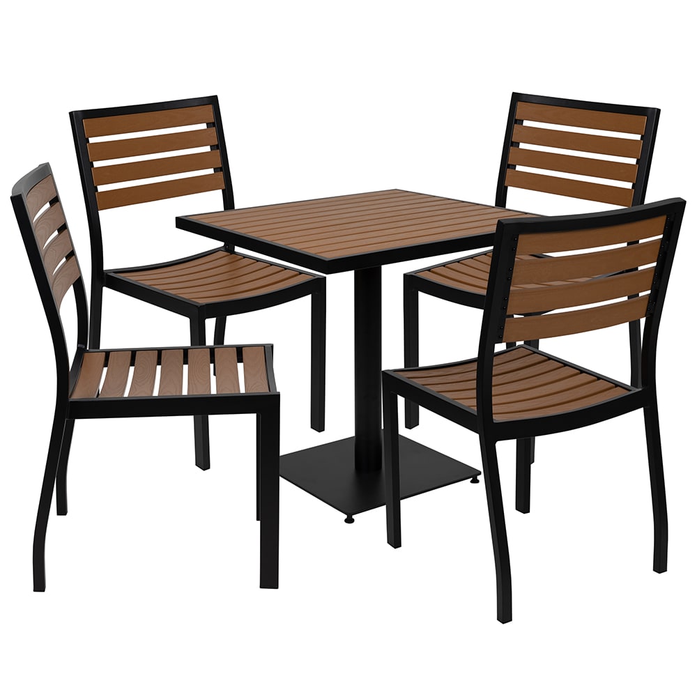 Flash Furniture XU-DG-10456036-GG Outdoor Patio Table and (4) Chair Set - Brown Resin Wood w/ Black Metal Frame