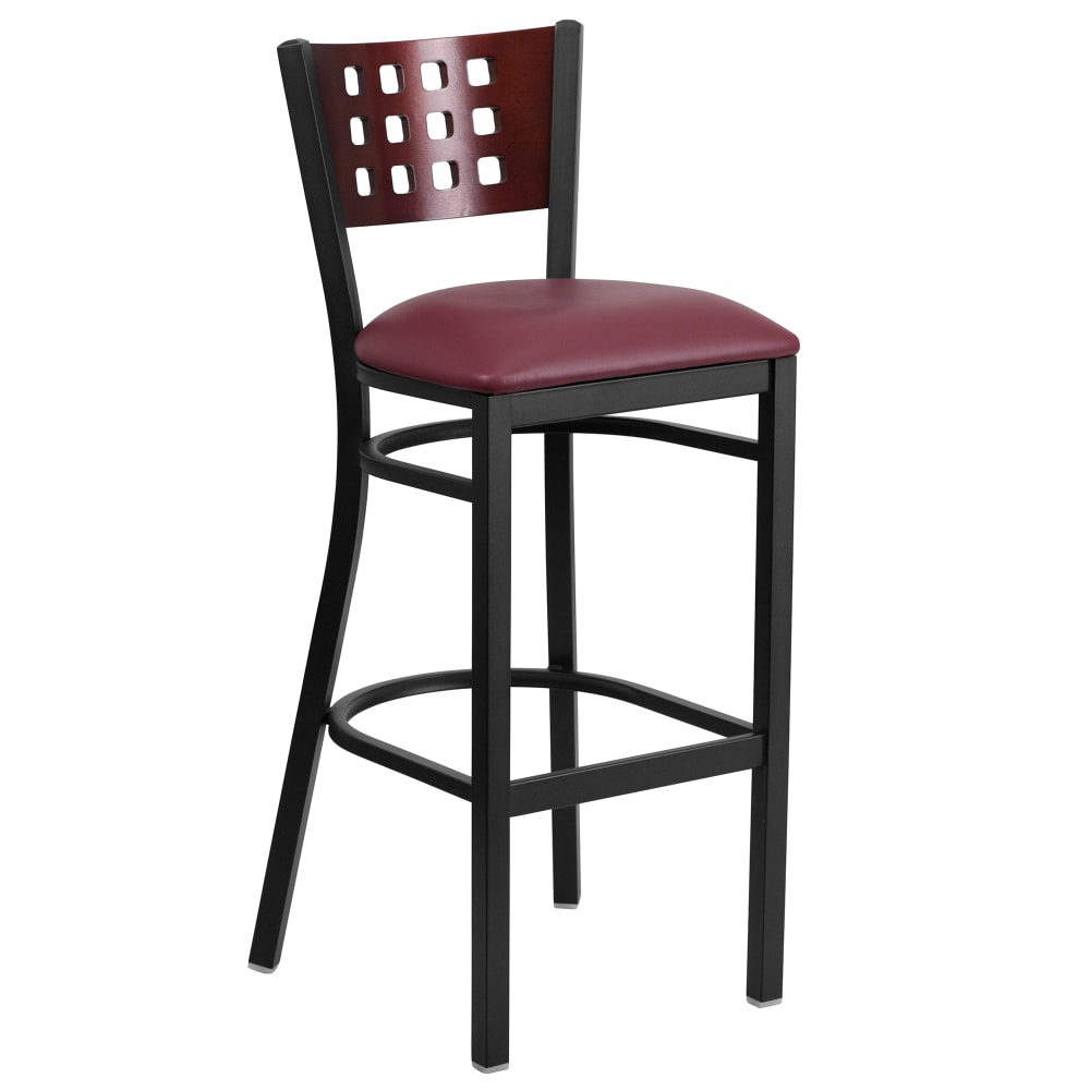 916-XDG60118MAHBBURV Bar Stool w/ Mahogany Wood Back & Burgundy Vinyl Seat, Black