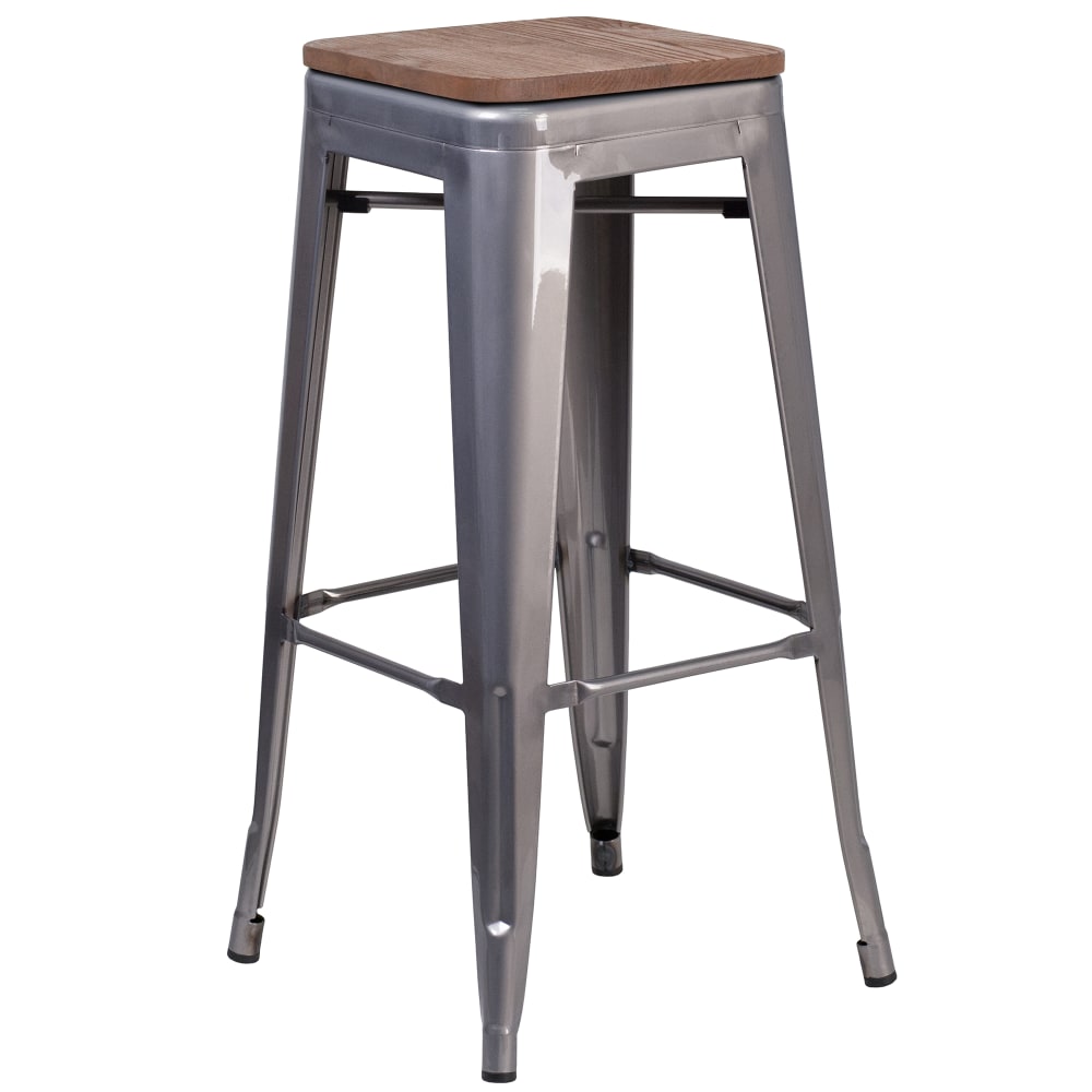 Flash Furniture XU-DG-TP0004-30-WD-GG Backless Bar Stool w/ Wood Seat, Silver