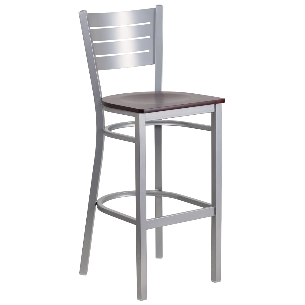 916-XDG60402BMAHW Bar Stool w/ Metal Slat Back & Mahogany Wood Seat, Silver