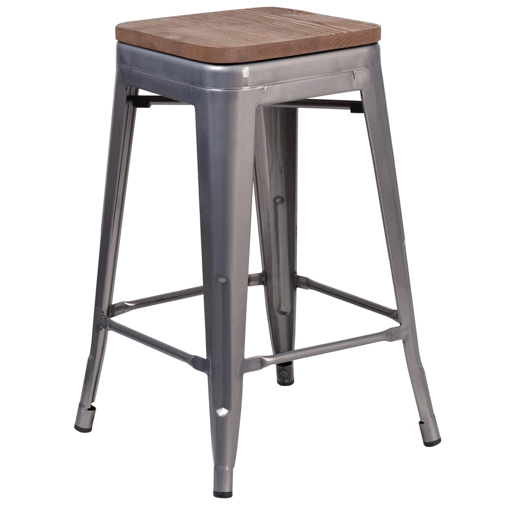916-XDGTP000424WD Backless Bar Stool w/ Wood Seat, Silver