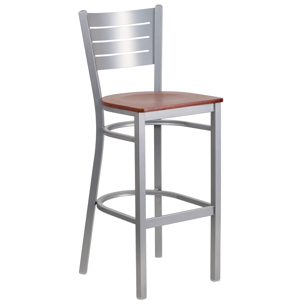 916-XDG60402BCHYW Bar Stool w/ Metal Slat Back & Cherry Wood Seat, Silver