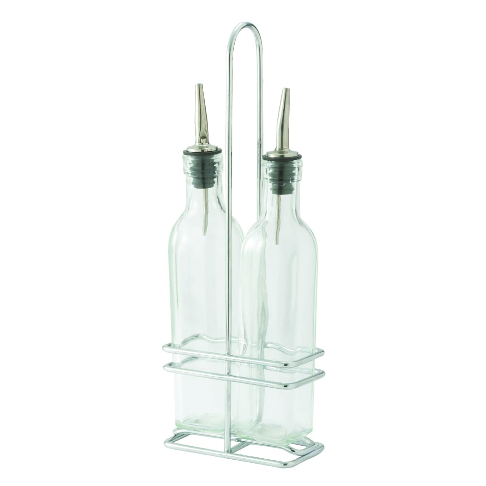 080-GOB16S 16 oz Cruet Set w/ Chrome Rack & Metal Pourers - Glass, Clear