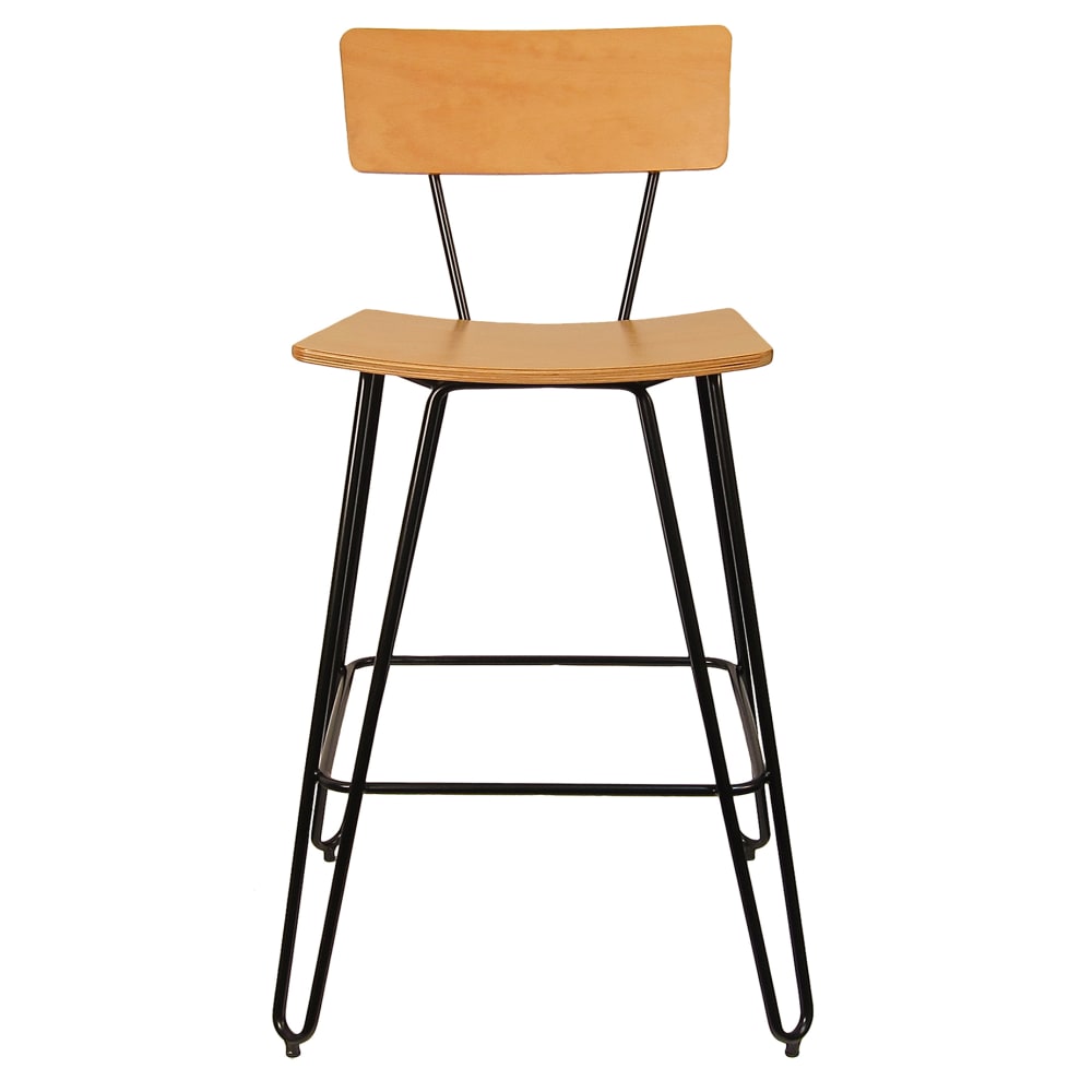 464-6273B Bar Stool w/ Solid Back & Natural Wood Veneer Seat, Black Metal