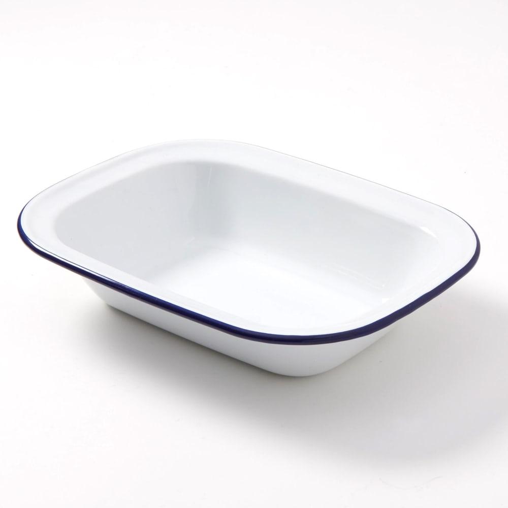 166-EWB10 32 oz Oblong Enamelware Bowl - White w/ Blue Rim