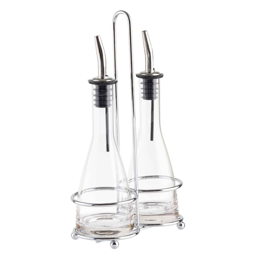 229-611N 6 oz Cruet Set w/ Chrome Rack & Stainless Steel Pourers - Glass, Clear