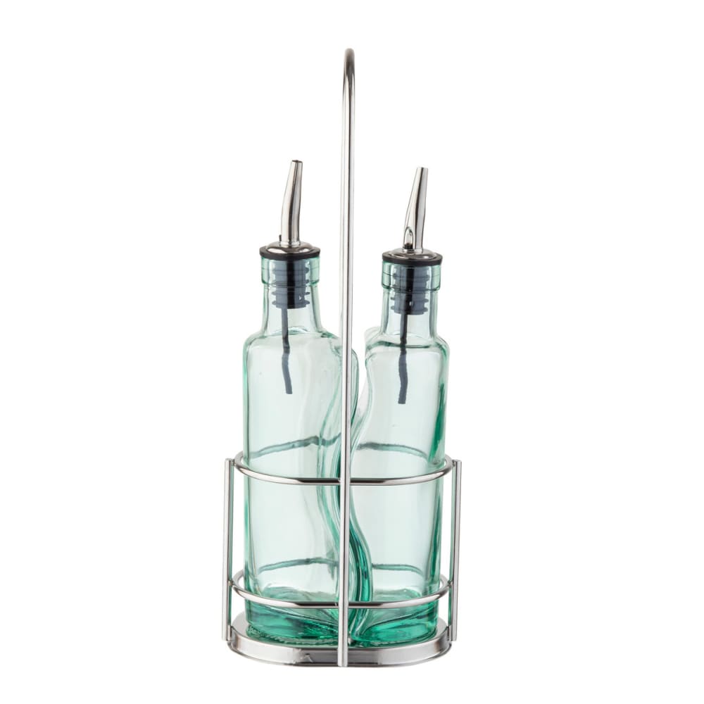 229-918RSN 8 1/2 oz Gemelli Cruet Set, Glass/Stainless Steel, Green Tinted