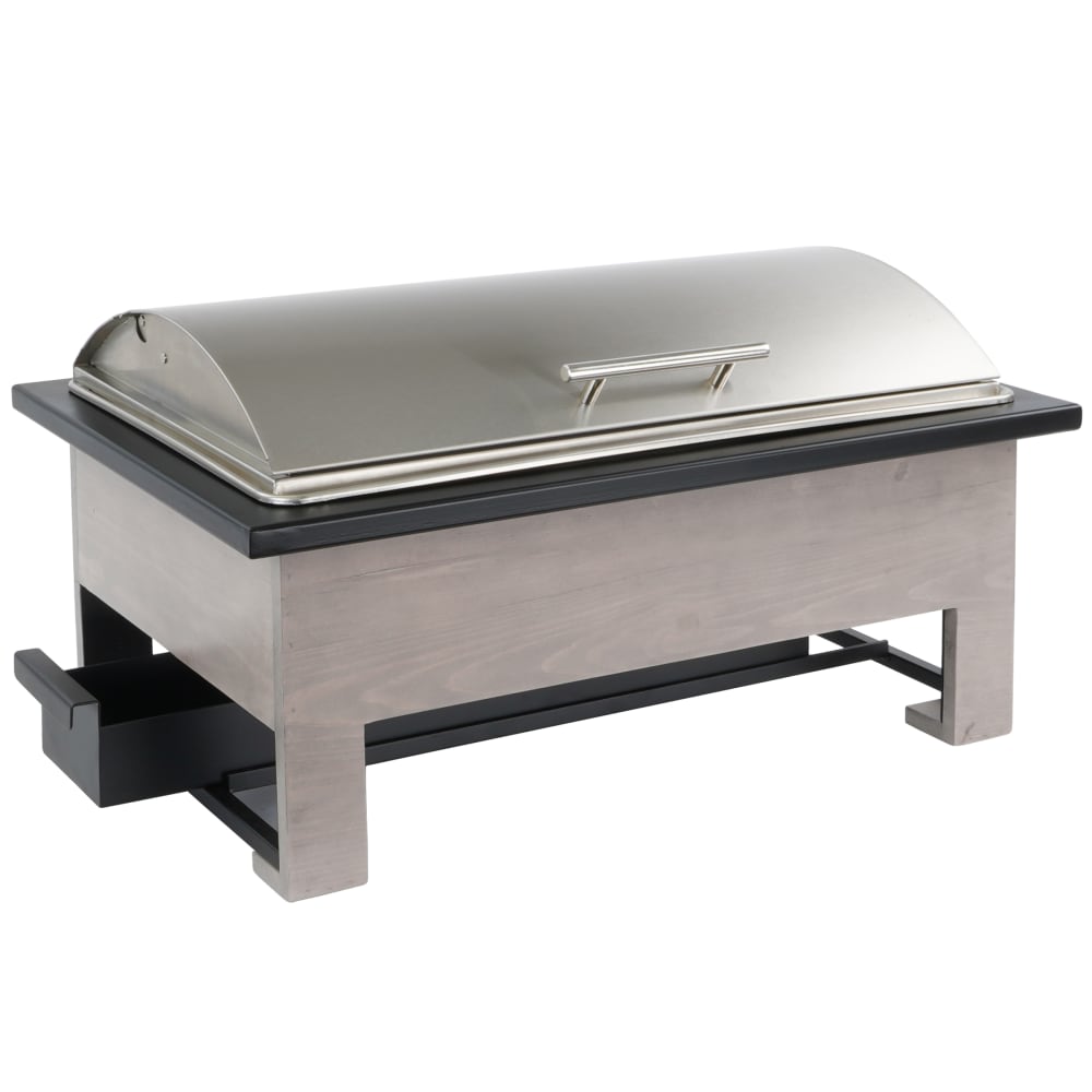 Cal-Mil 22415-110 Full Size Chafer w/ Roll-Top Lid & Chafing Fuel Heat - Gray Washed Pine Wood/Black Metal
