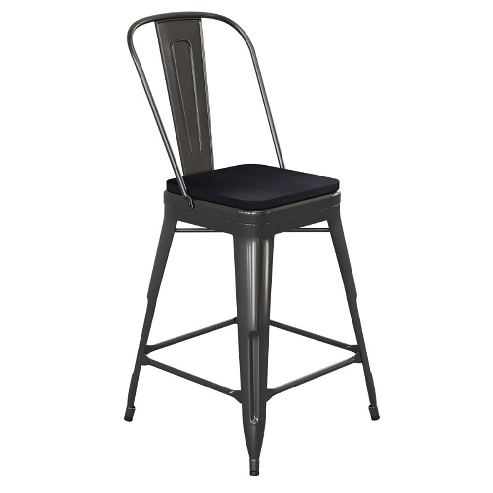 916-CH3132024GBBKPL Counter Height Bar Stool w/ Removable Back & Wood Seat - Steel, Black