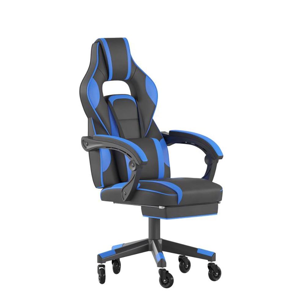 916-CH00288BLRLBGG Swivel Gaming Chair w/ Footrest - LeatherSoft Back & Seat, Black/Blue
