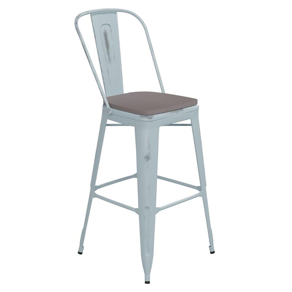 916-ET353430DBPL1GGG Counter Height Bar Stool w/ Curved Back & 30" Wood Seat, Green Blue