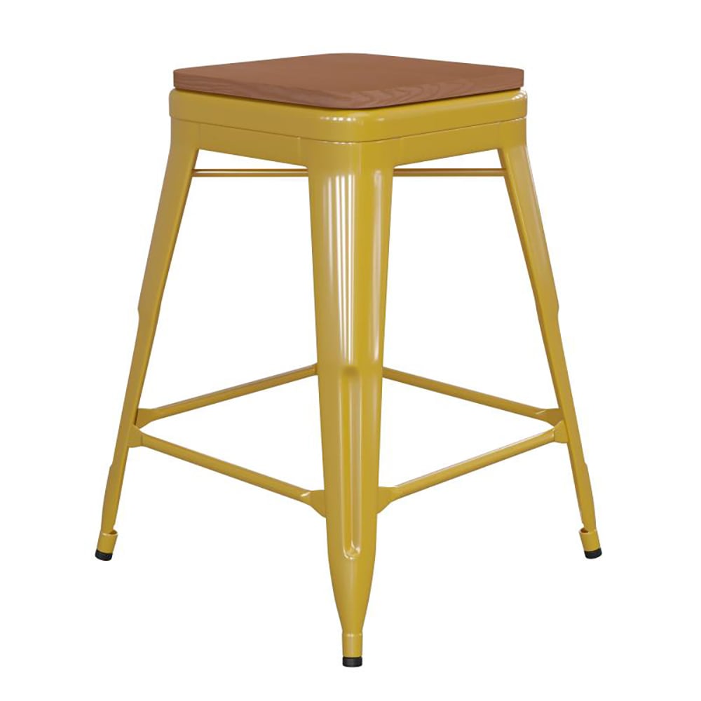 916-CH3132024YLPL2T Counter Height Backless Stool w/ Wood Seat - Steel, Yellow