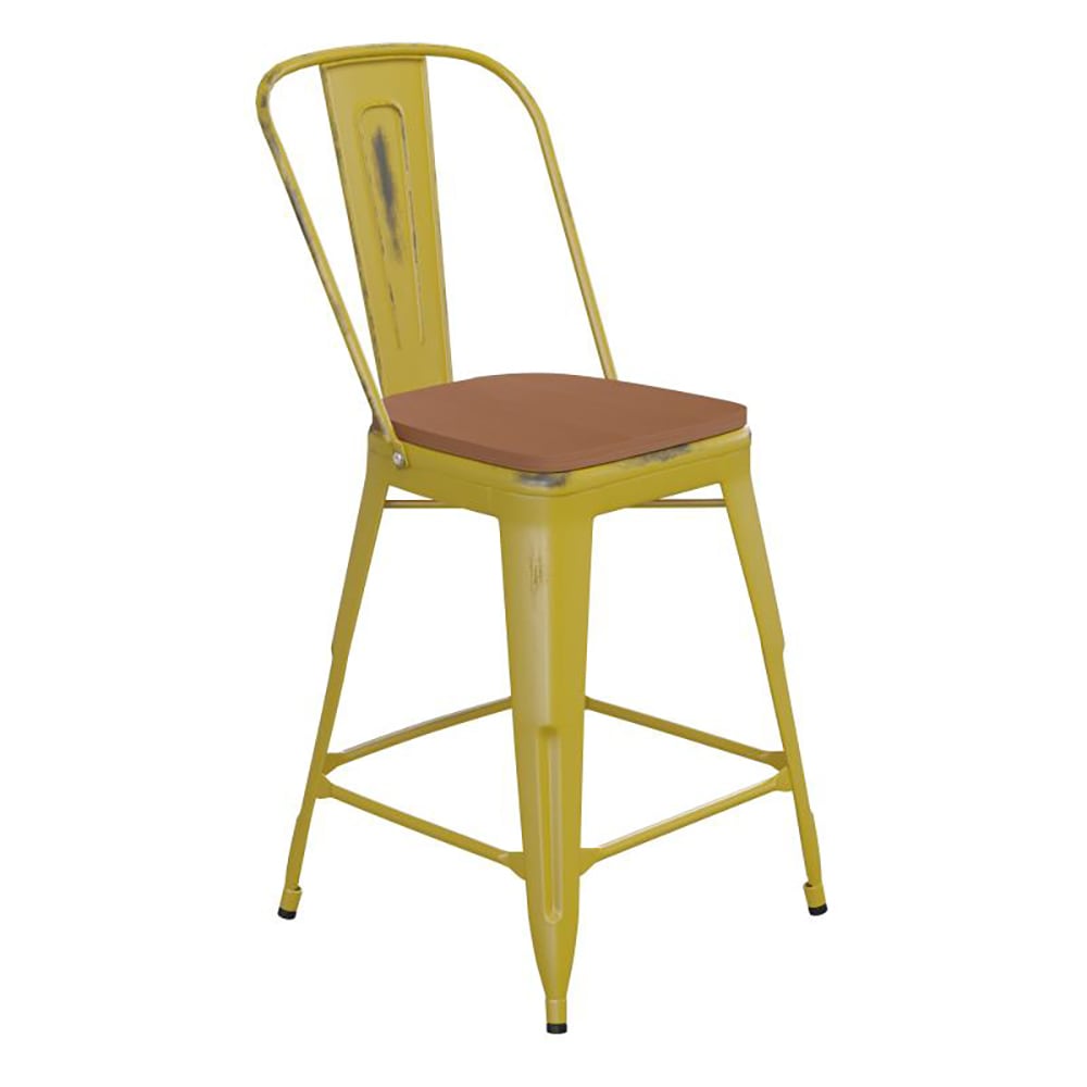 Flash Furniture ET-3534-24-YL-PL1T-GG Counter Height Bar Stool w/ Curved Back & 24" Wood Seat, Yellow