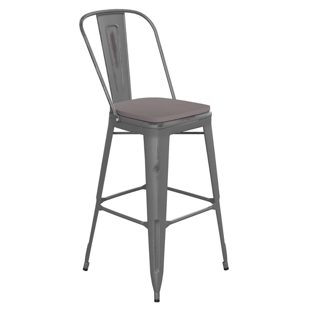 916-ET353430SILPL1G Counter Height Bar Stool w/ Curved Back & 30" Wood Seat, Silver