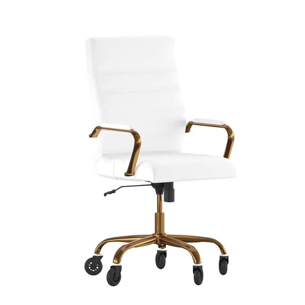 916-GO2286HWHGLDRLB Swivel Office Chair w/ High Back - White LeatherSoft Upholstery, Gold