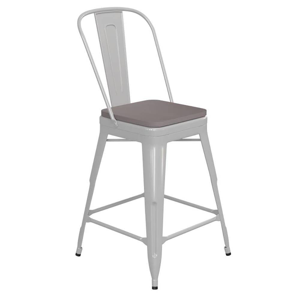 916-CH3132024GBWHPL Counter Height Bar Stool w/ Removable Back & Wood Seat - Steel, White