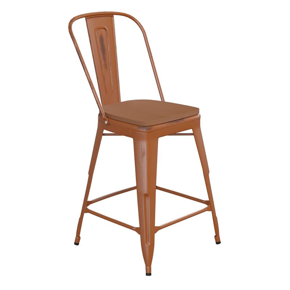 916-ET353424ORPL1TGG Counter Height Bar Stool w/ Curved Back & 24" Wood Seat, Orange