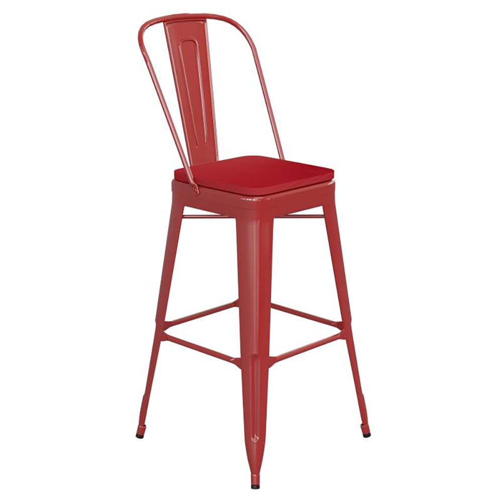 916-CH3132030GBREDP Bar Height Bar Stool w/Removable Back and Wood Seat - Steel, Red