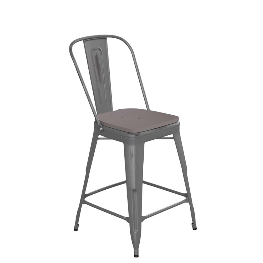 916-XUDGTP001B24PL1G Counter Height Stool w/ 24" Gray Wood Seat - Steel, Gray
