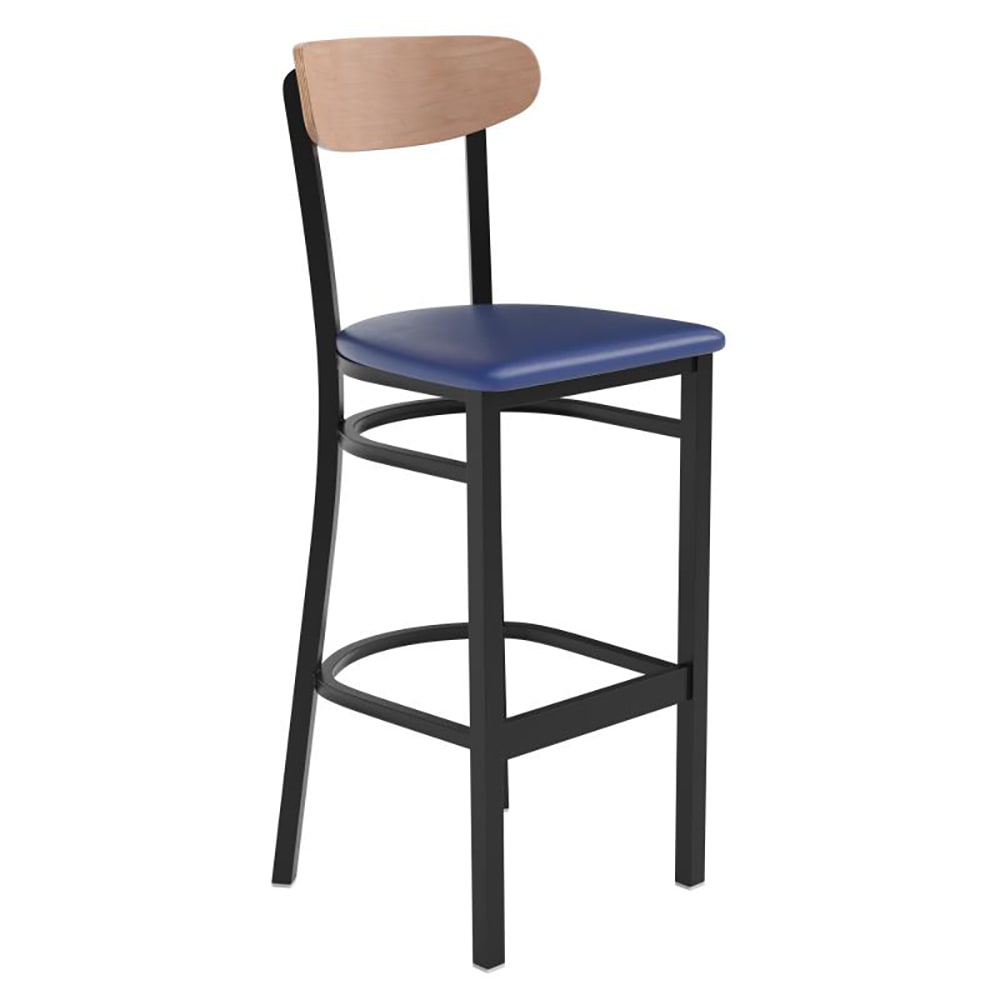 916-XUDG6V6BLVNATGG Bar Stool w/ Boomerang Back & Blue Vinyl Seat - Steel Frame, Black