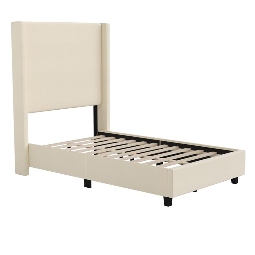 916-YK1077BEIGETGG Twin Size Platform Bed Frame w/ Wingback Headboard - Plastic, Beige