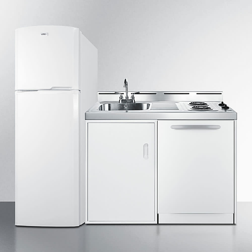 Summit ACKDW72 72" Kitchenette w/ Sink, 2 Burners, Refrigerator/Freezer, & Dishwasher - White, 115v