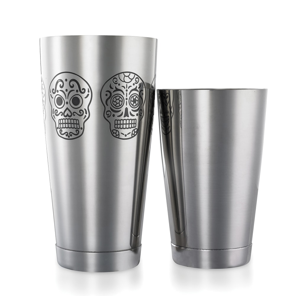 132-M37009SKU 2-Piece Cocktail Shaker Set w/ Etched Skulls, Mirror Finish