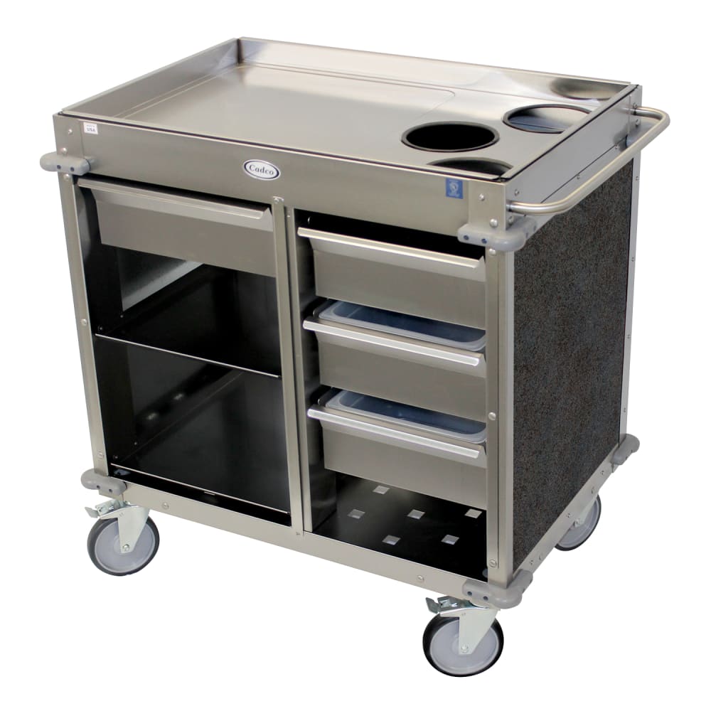 Cadco BC-4-L3 Mobile Beverage Service Cart w/ (2) Shelves & (4) Drawers - Stainless Steel/Gray Laminate